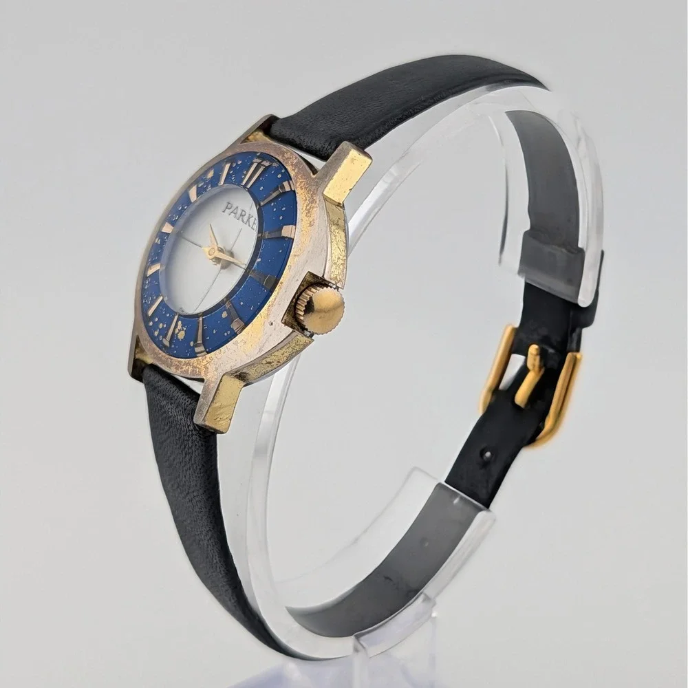 Vintage Parker Swiss Made Manual Wind Mid Century Blue Gold Fleck Watch 31mm